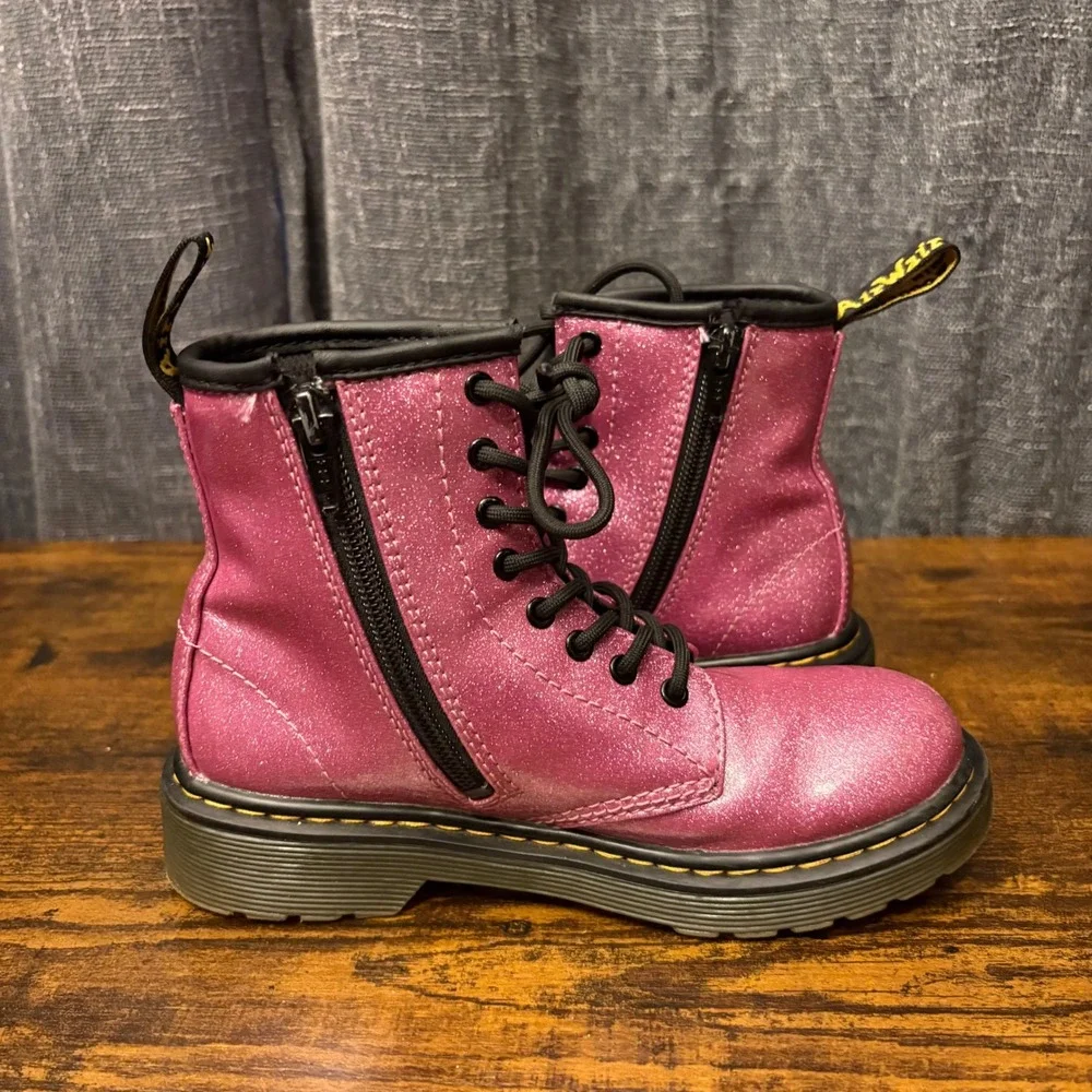Dr Martens 1460 Glitter Junior Pink Sparkle Lace Up Side Zip Boots (Kids Size 1)